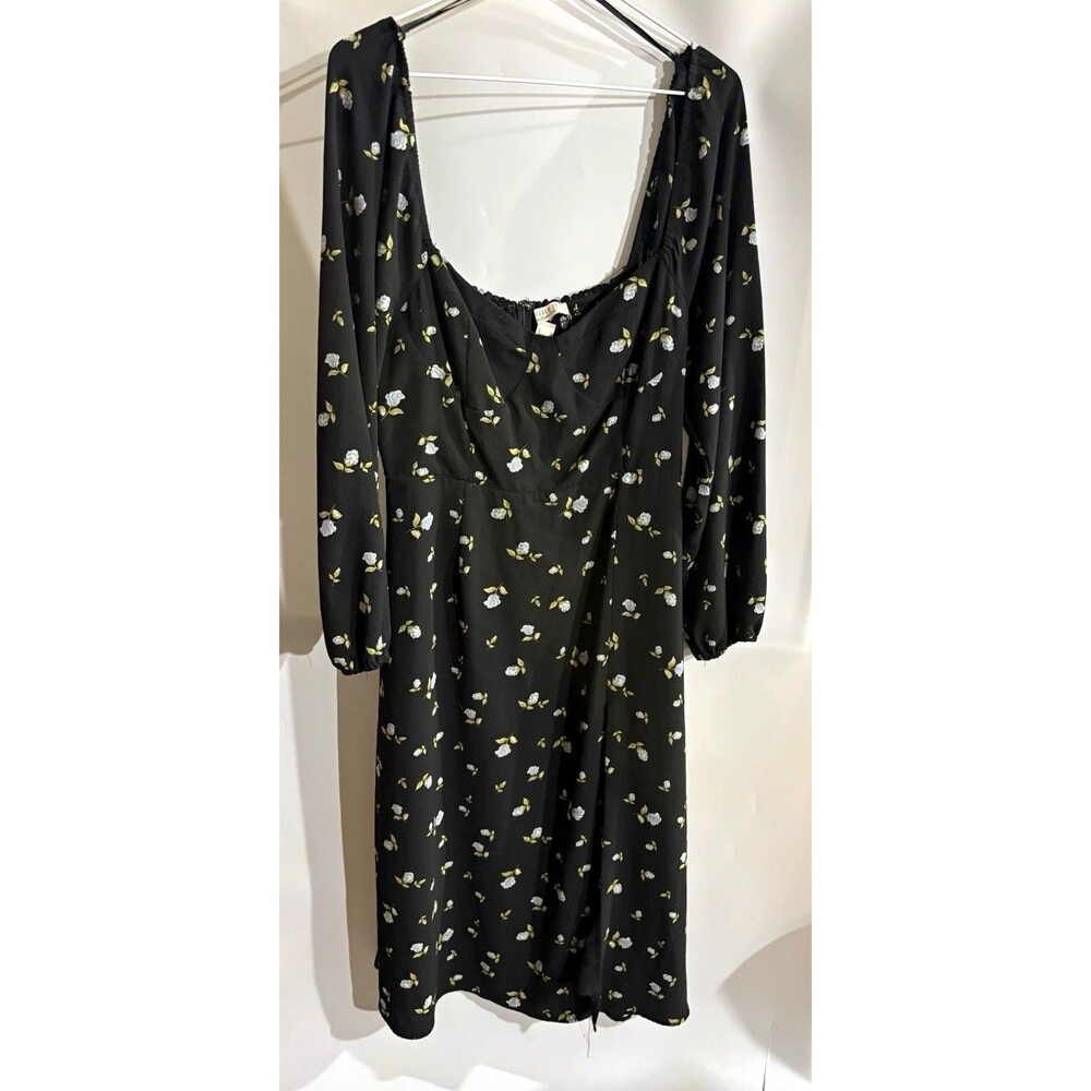 Forever 21 Black Floral Scoop Neck Balloon Sleeve Mini Dress Zipper Women’s L